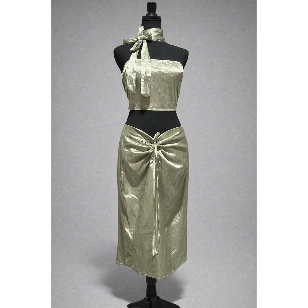 Sage Green Satin 2pc Set Halter Crop Top Ruched Midi Skirt